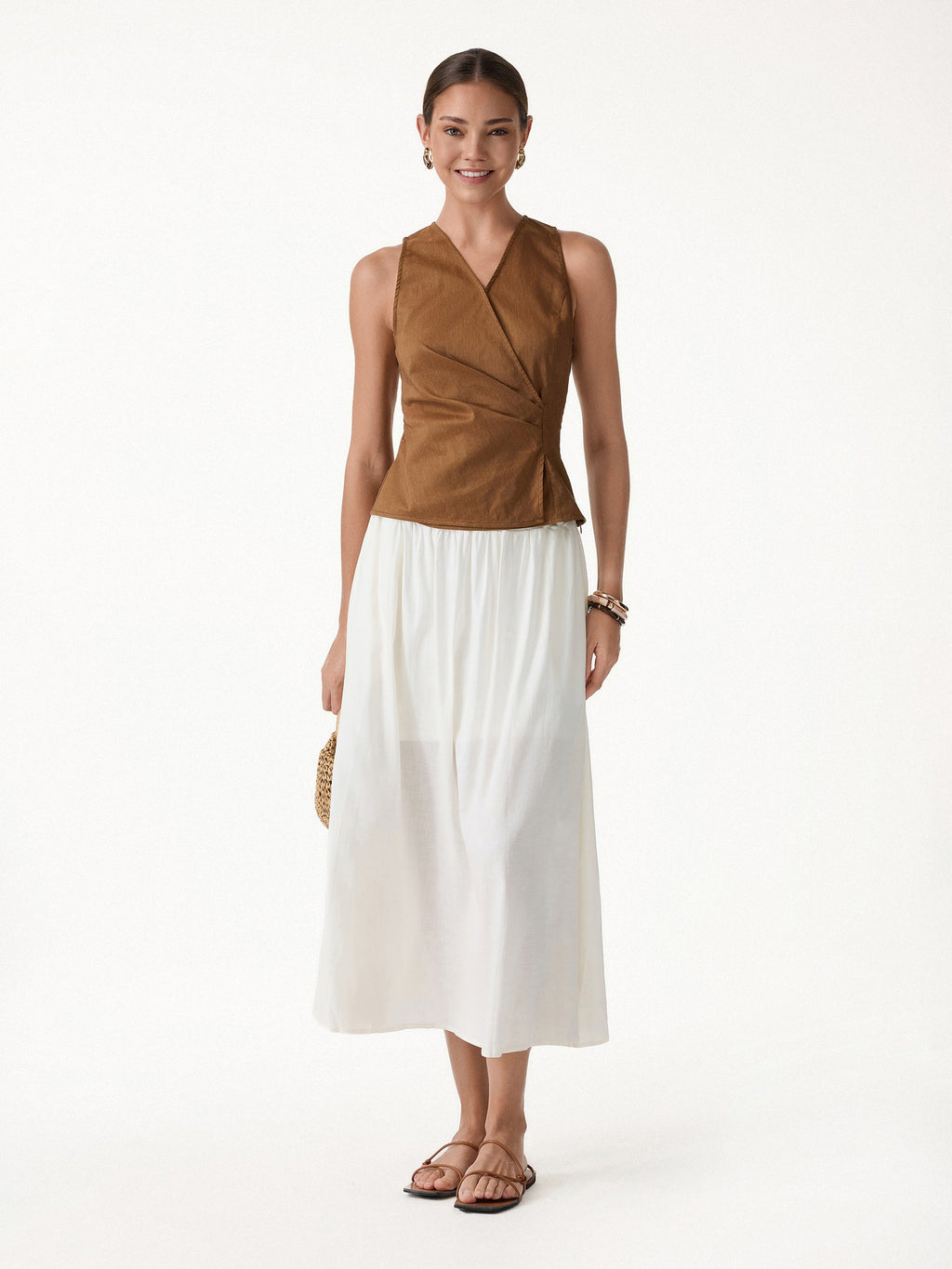 Linen Blend Surplice Top with Side Twist