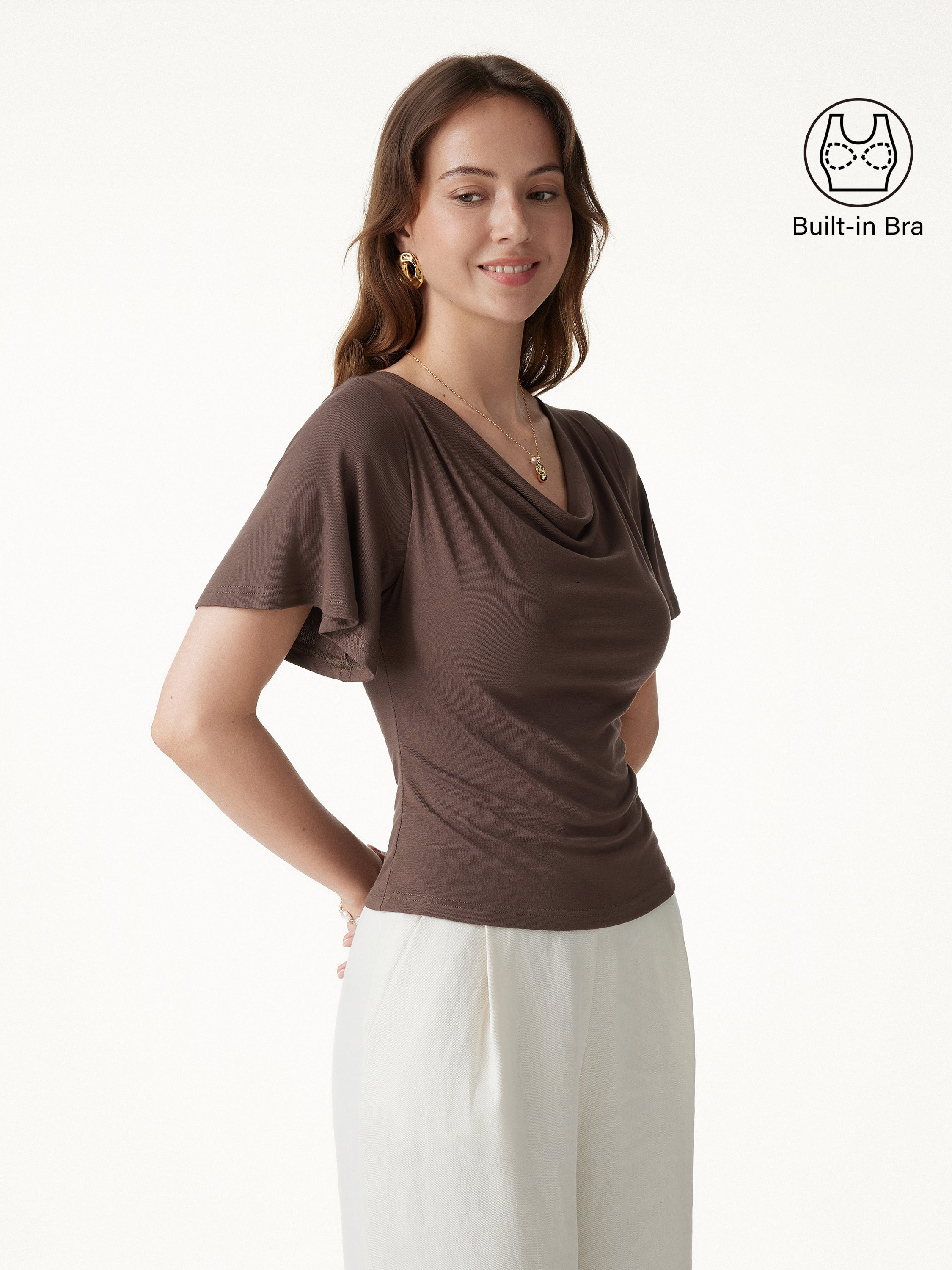 Cowl Neck Flutter Sleeve Bra Top