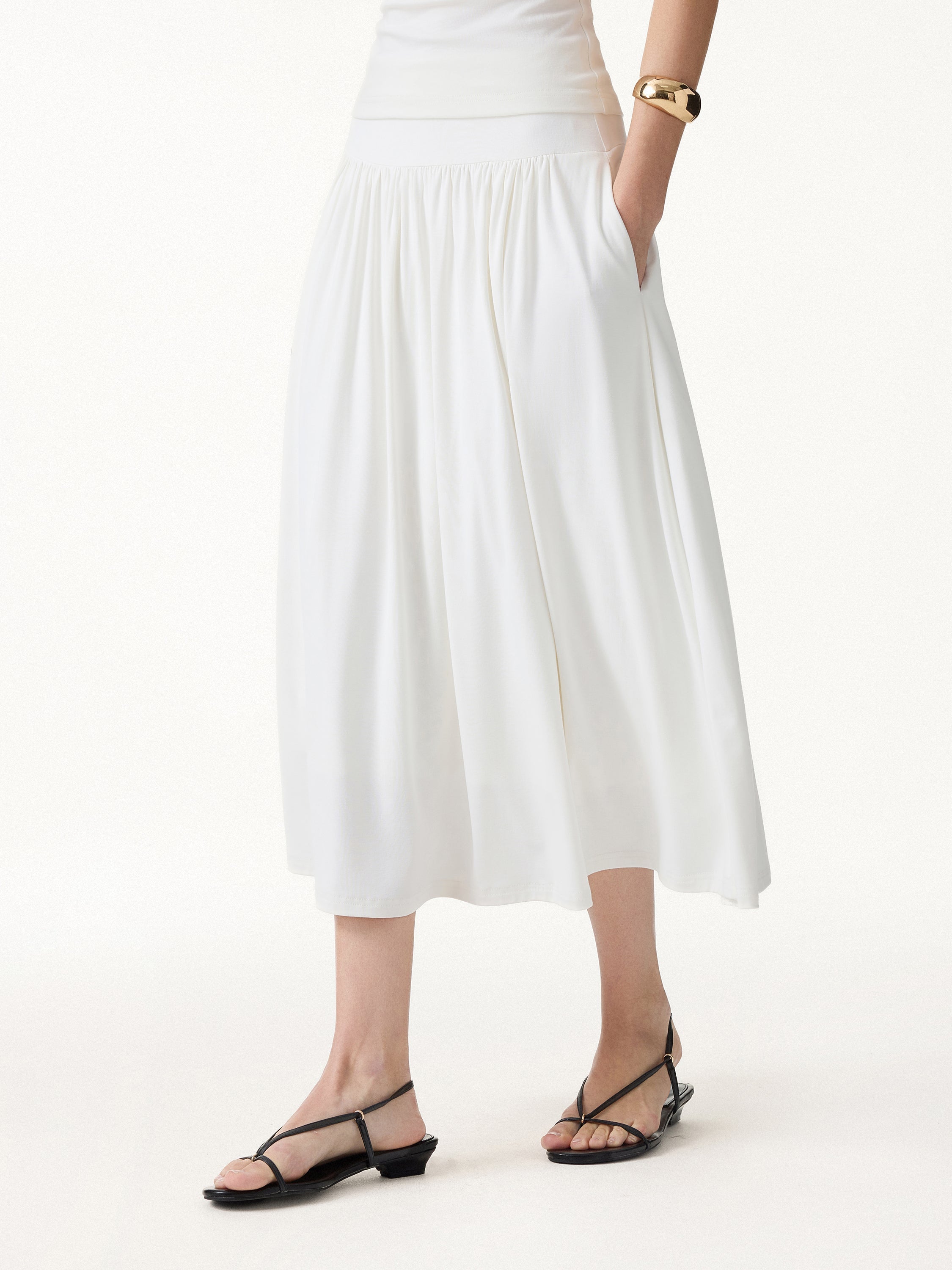 SkinKiss Mid Rise Gathered Midi Skirt with Pockets